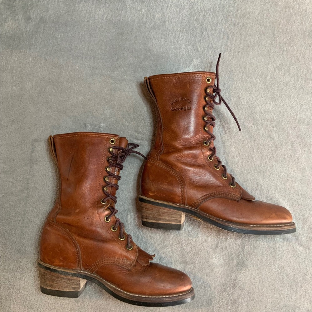 Georgia Boot Womens Packer Lace Up Leather Boots Tan Made in USA G3140 Size 6.5 - Picture 4 of 8